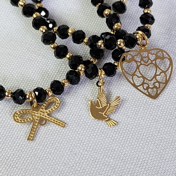 Set of 7 Black Crystal Bead Stretch Bracelet with Charm New - Picture 3 of 9